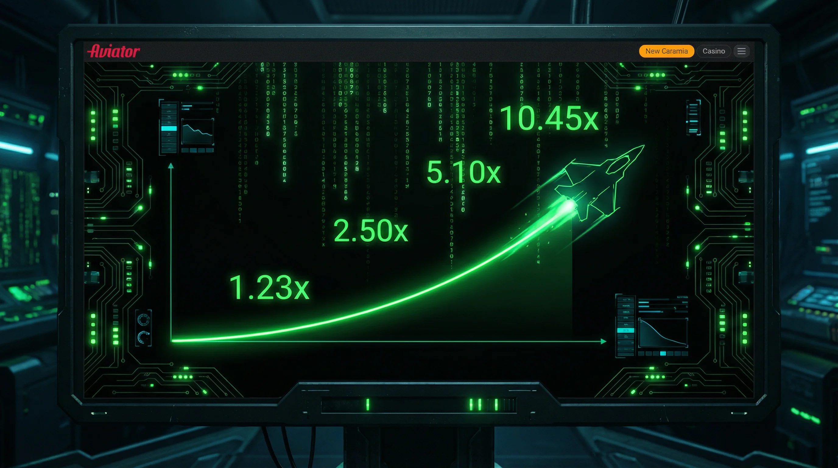 Juego Aviator con gráfico de multiplicador ascendente y avión despegando