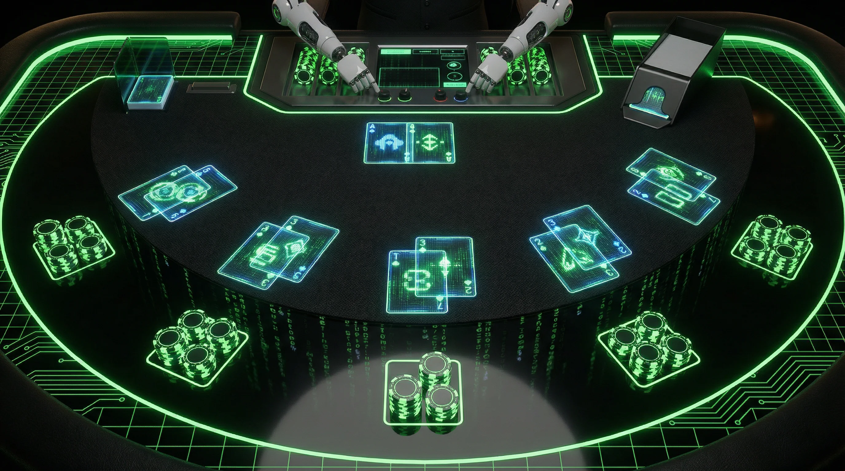 Mesa de blackjack virtual con cartas holográficas y fichas digitales
