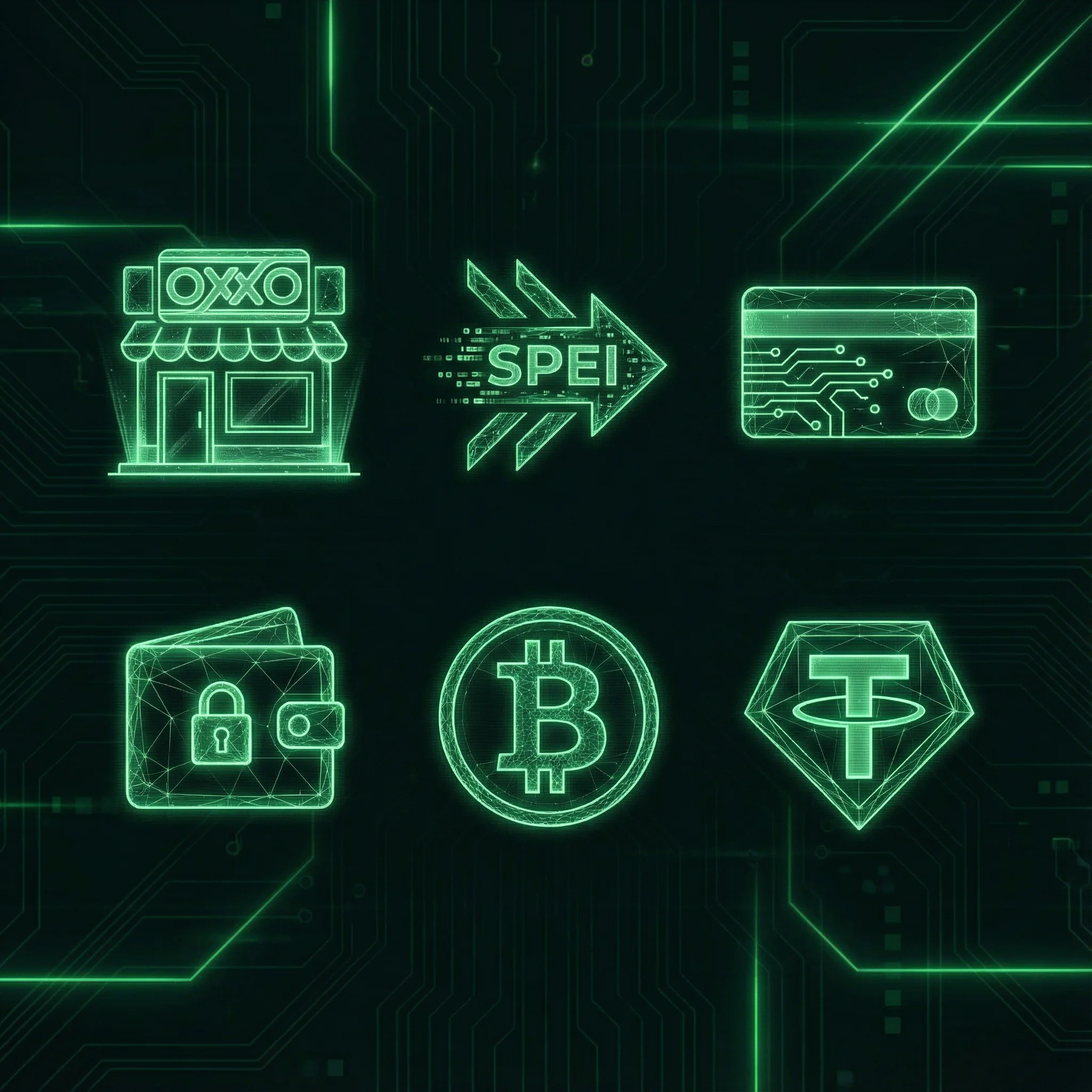 Iconos de métodos de pago mexicanos incluyendo OXXO, SPEI, tarjetas y criptomonedas