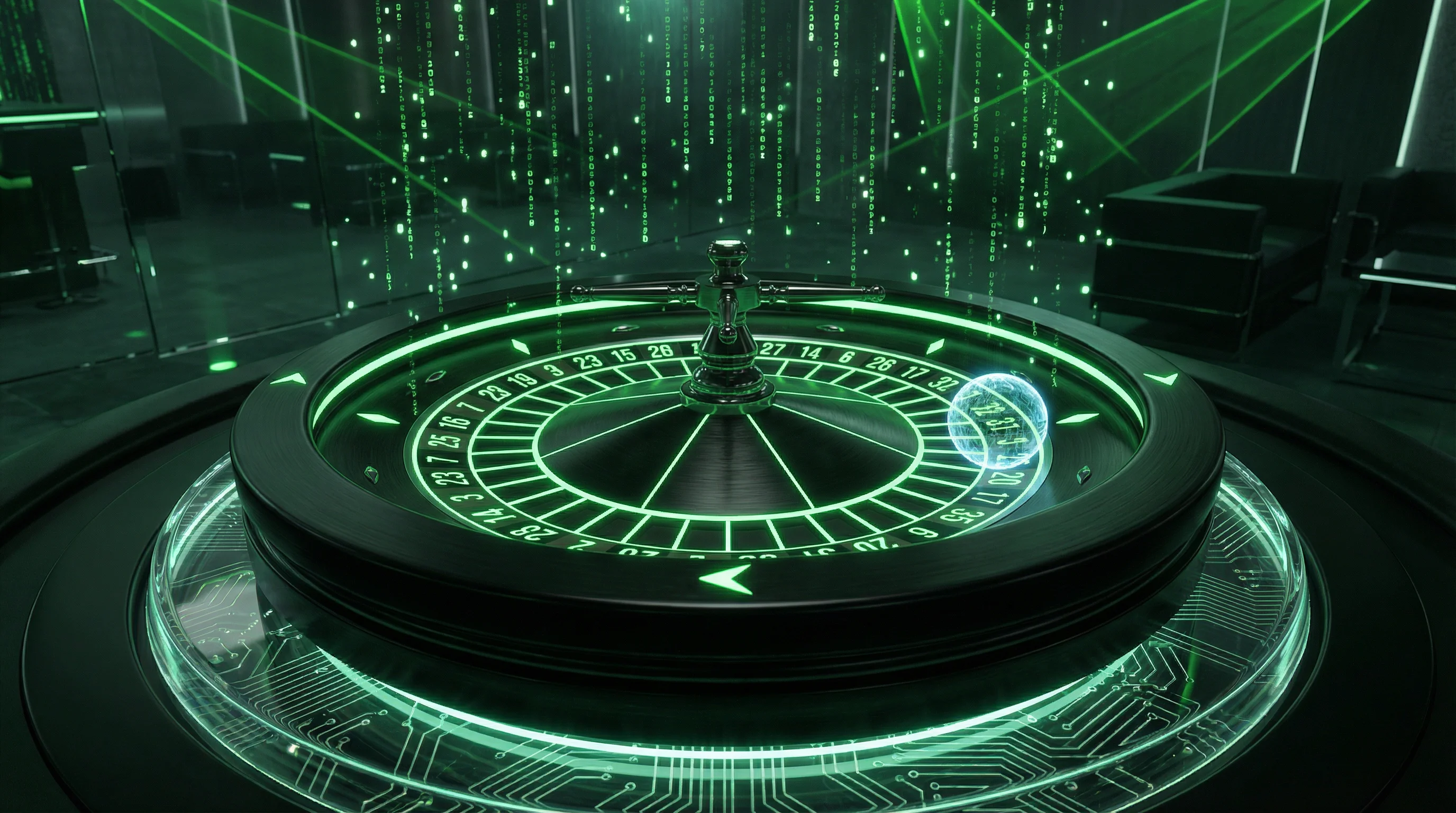 Ruleta de casino futurista con números brillantes y bola holográfica